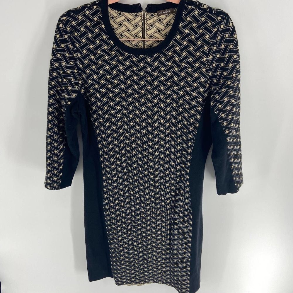 J. Mclaughlin Black Gold Geometric half sleeve mini Sweater Dress womens medium - Picture 6 of 6
